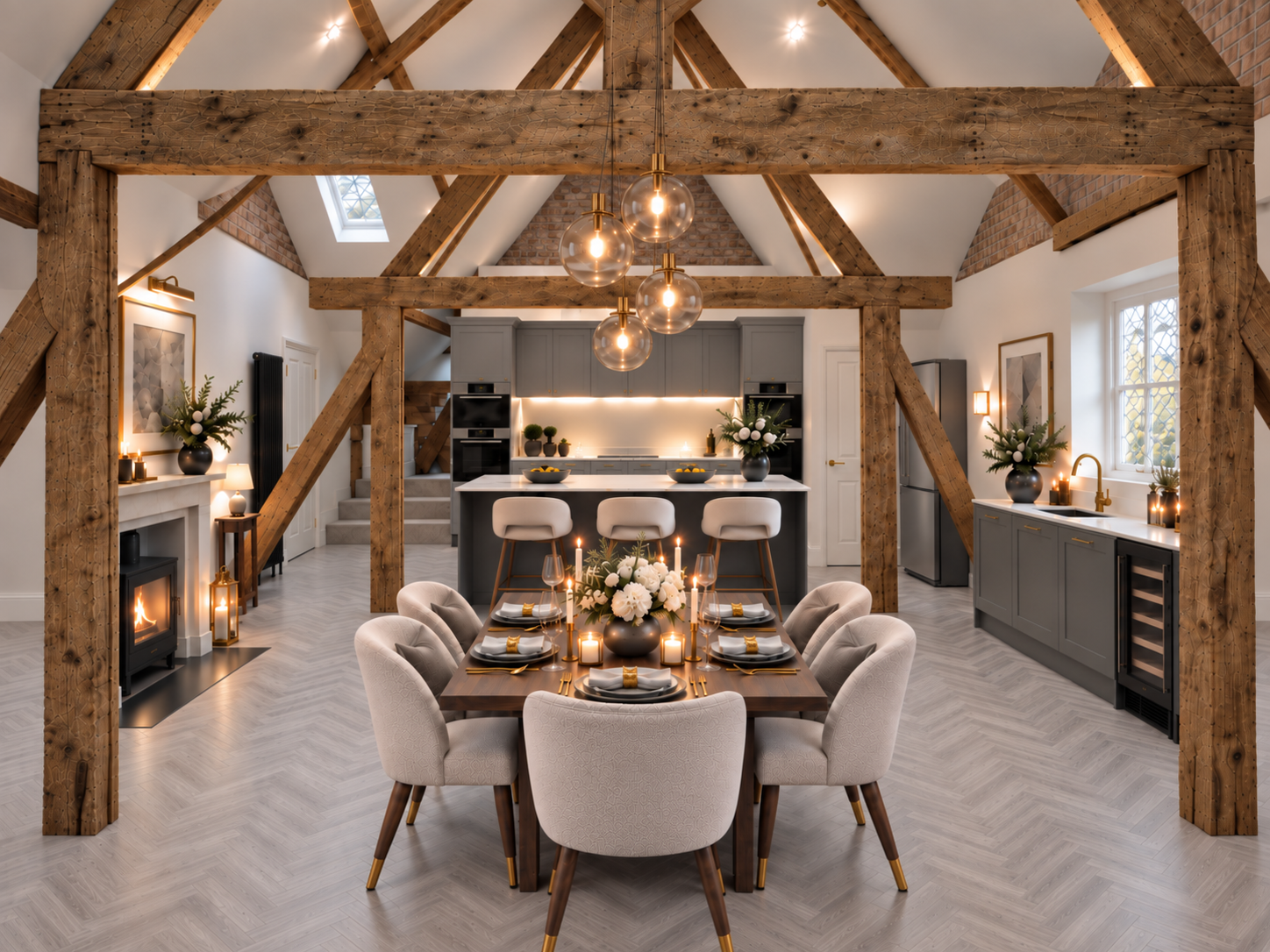 The Penthouse Above proposed kitchen and dining room beneath exposed timber beams
